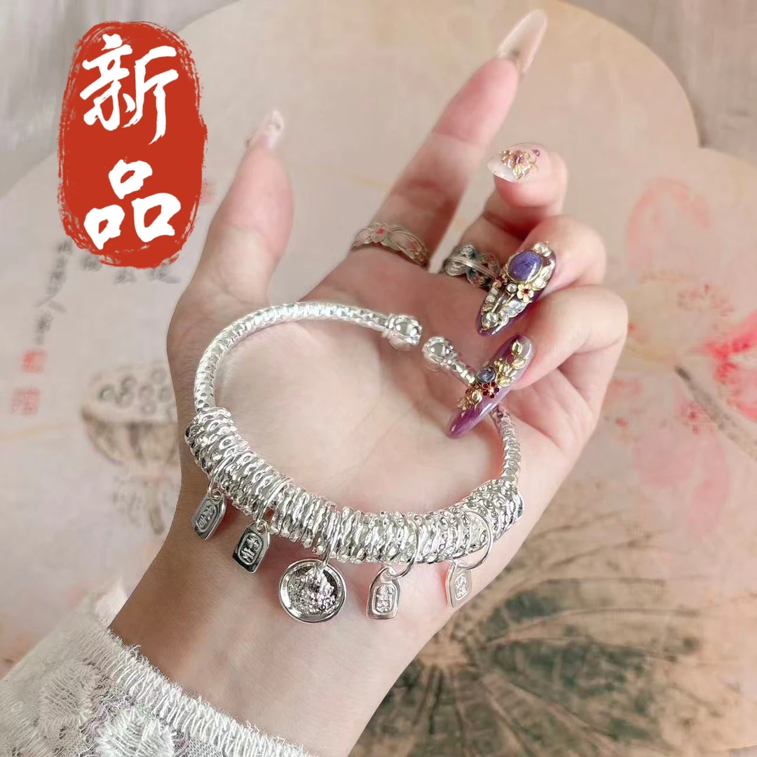 足银手镯 12号-南瓜头盘缠手镯【开口】镀珐琅银饰品手镯