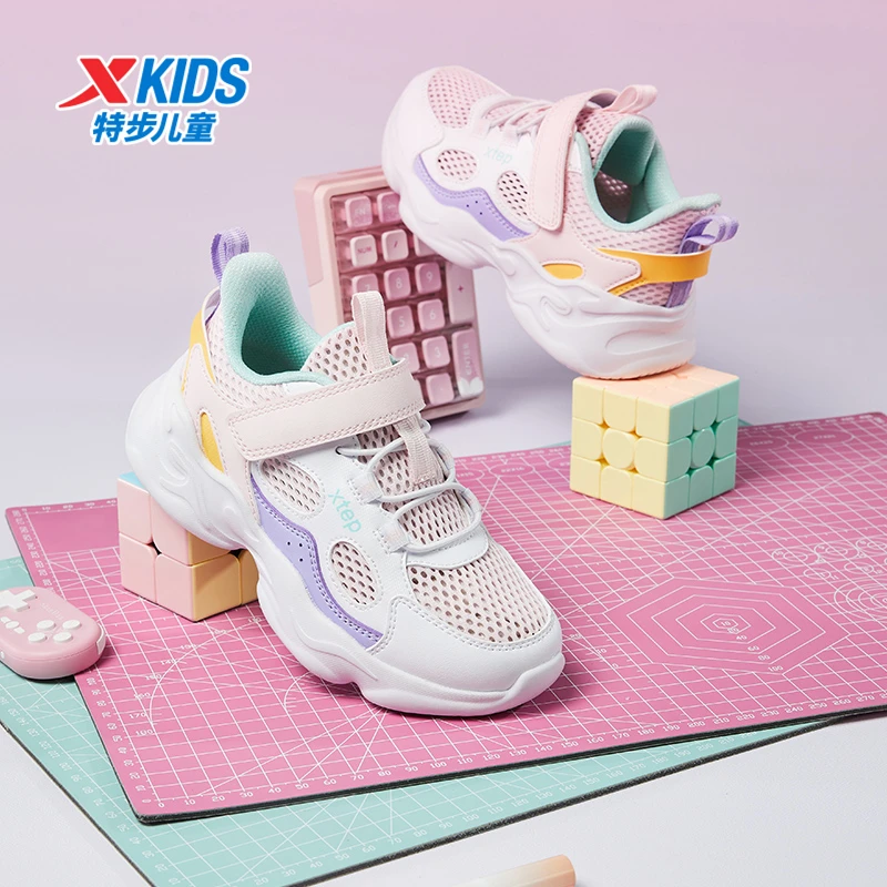 特步女童鞋2025新款春夏网面透气儿童魔术贴女孩宝宝休闲运动鞋子