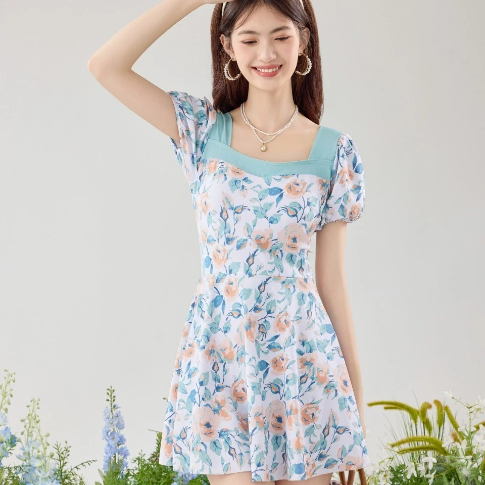 法式小清新碎花连体分体温泉泳衣