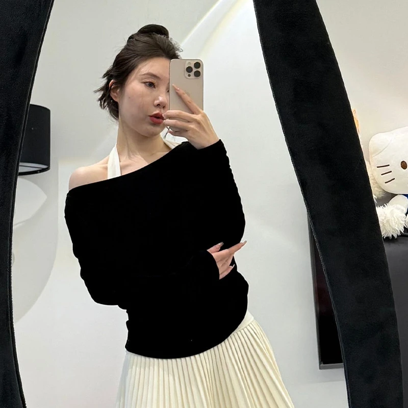 2025新款设计感打底衫长袖性感百搭柔软压褶堆领长袖上衣女C149