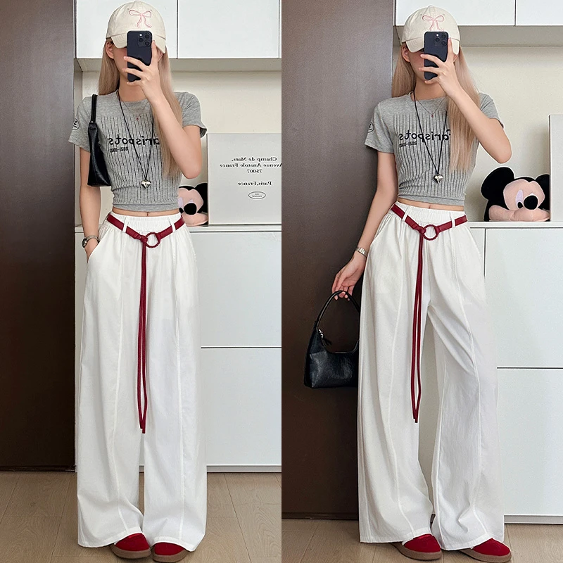 韩系弯刀裤女夏季薄款慵懒感阔腿裤小个子简约百搭宽松显瘦休闲裤