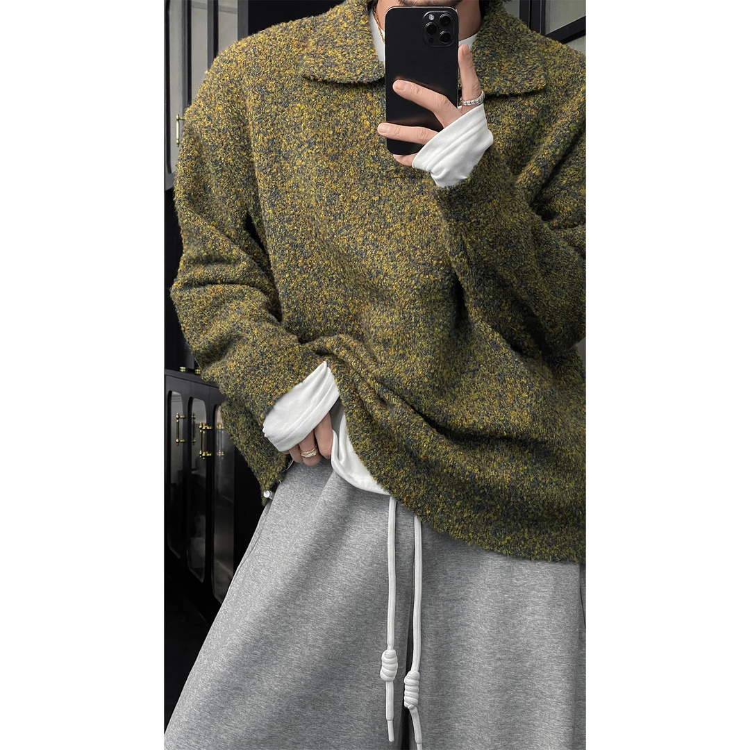 龙叨叨秋冬新品复古慵懒感POLO领针织衫毛衣老钱风宽松潮牌上衣男