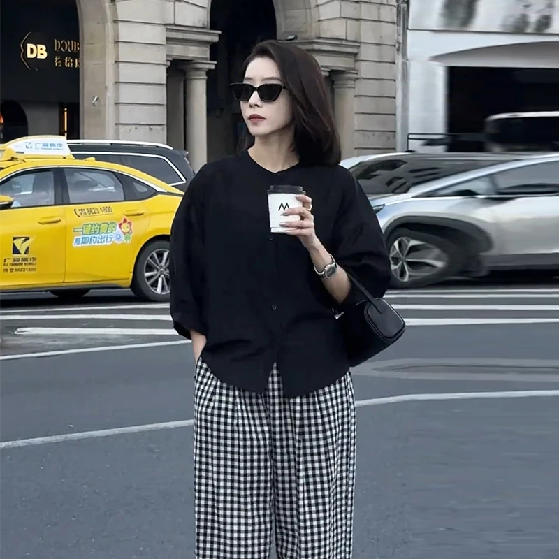 2025夏季新款时尚洋气套装女穿搭一整套宽松衬衫格子阔腿裤两件套