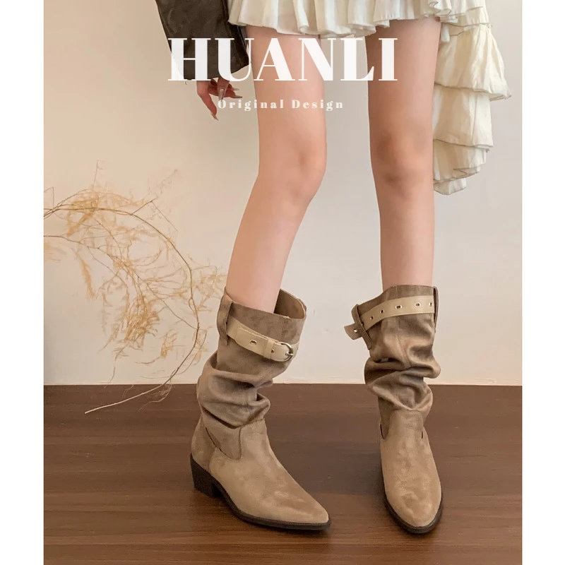 "美式慵懒"复古褶皱堆堆靴女秋冬尖头西部牛仔长靴粗跟中筒骑士靴