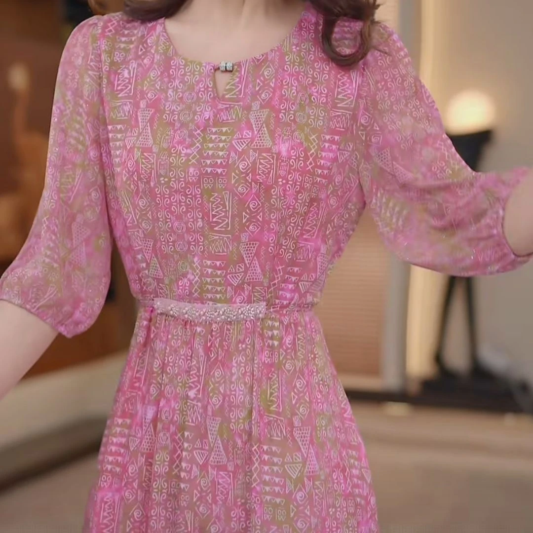 小香风过膝连衣裙女2025夏季新款收腰显瘦高端时尚通勤度假a字裙