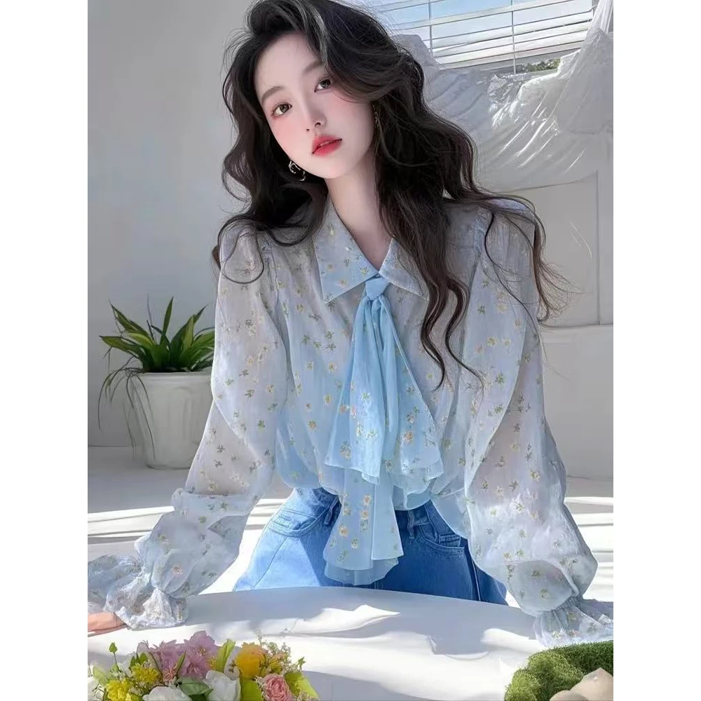2025早春雪纺印花POLO领甜美气质衬衫法式设计感显瘦别致复古衬衣