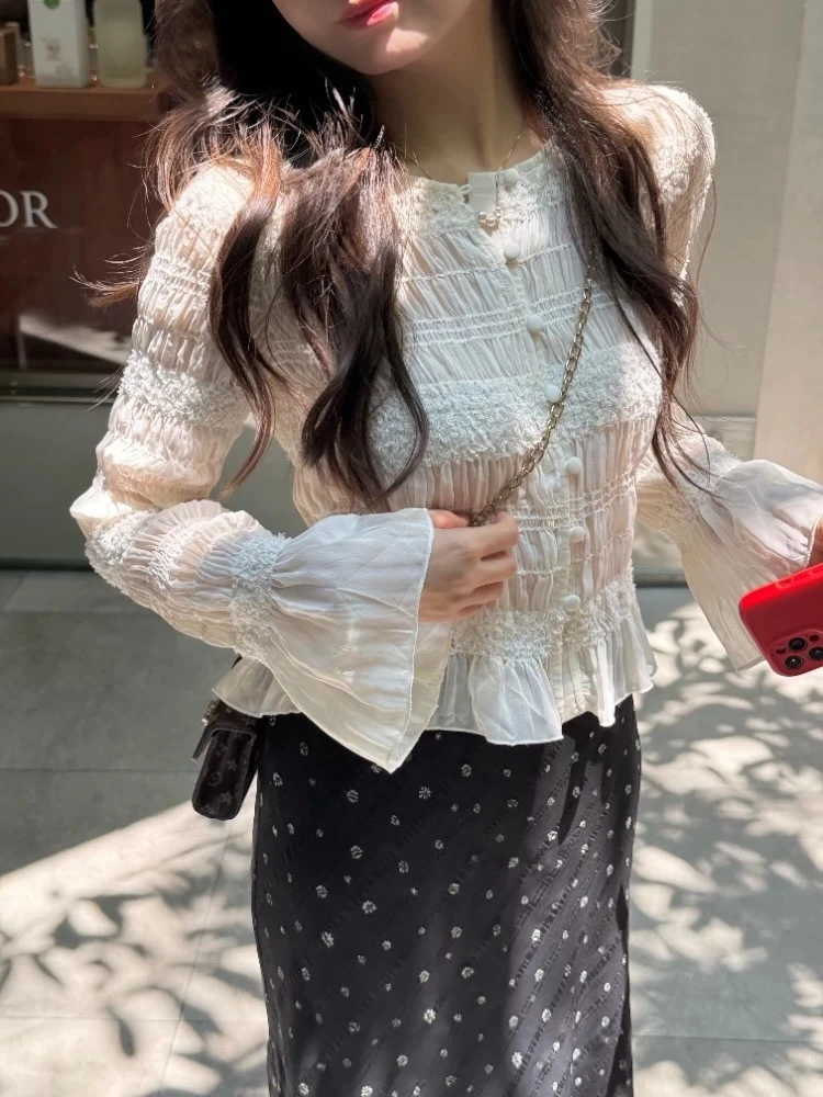 张羞羞 香榭丽舍/通勤早秋法式蕾丝花边褶皱长袖亮片长袖衬衫