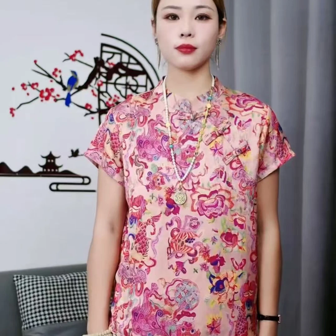 高端缎子面料国风新中式立领盘扣提花短袖女唐装减龄休闲小衫上衣