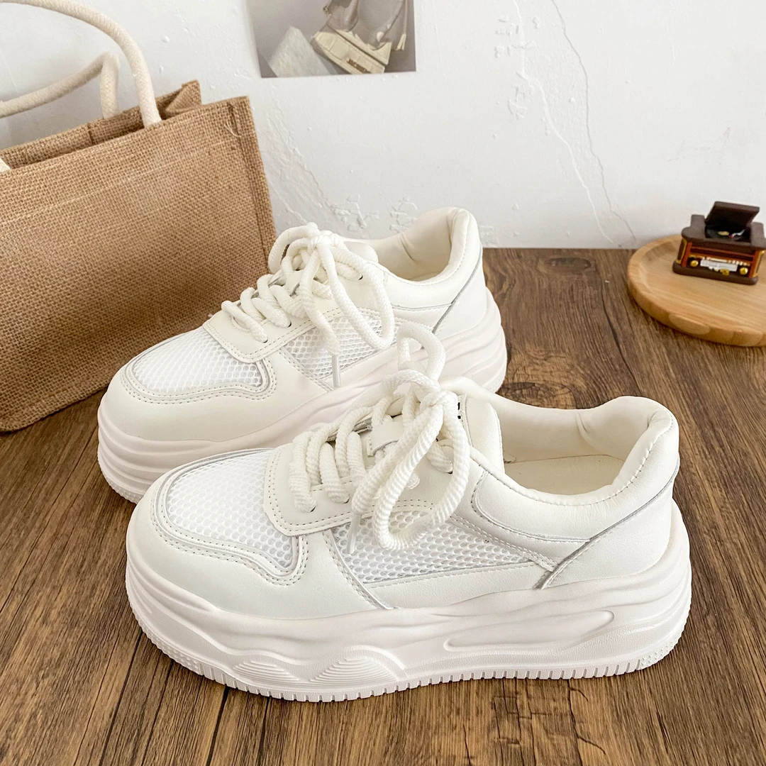 希玥乳胶鞋垫厚底增高网面透气夏季小白鞋女圆头轻便百搭板鞋