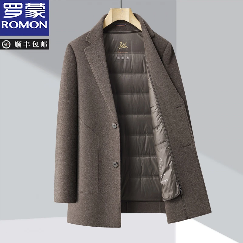 罗蒙羊毛西服男士秋冬季加厚鸭绒内胆保暖休闲西装领双面呢子外套
