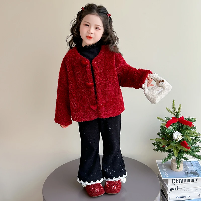 女童拜年服加绒套装秋冬款女宝宝红色毛毛衣儿童新年小香风三件套