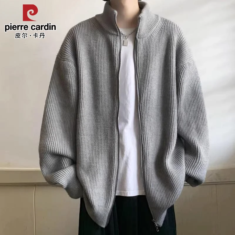 皮尔卡丹开衫毛衣男士春秋日系宽松慵懒风针织衫外穿拉链线衣外套