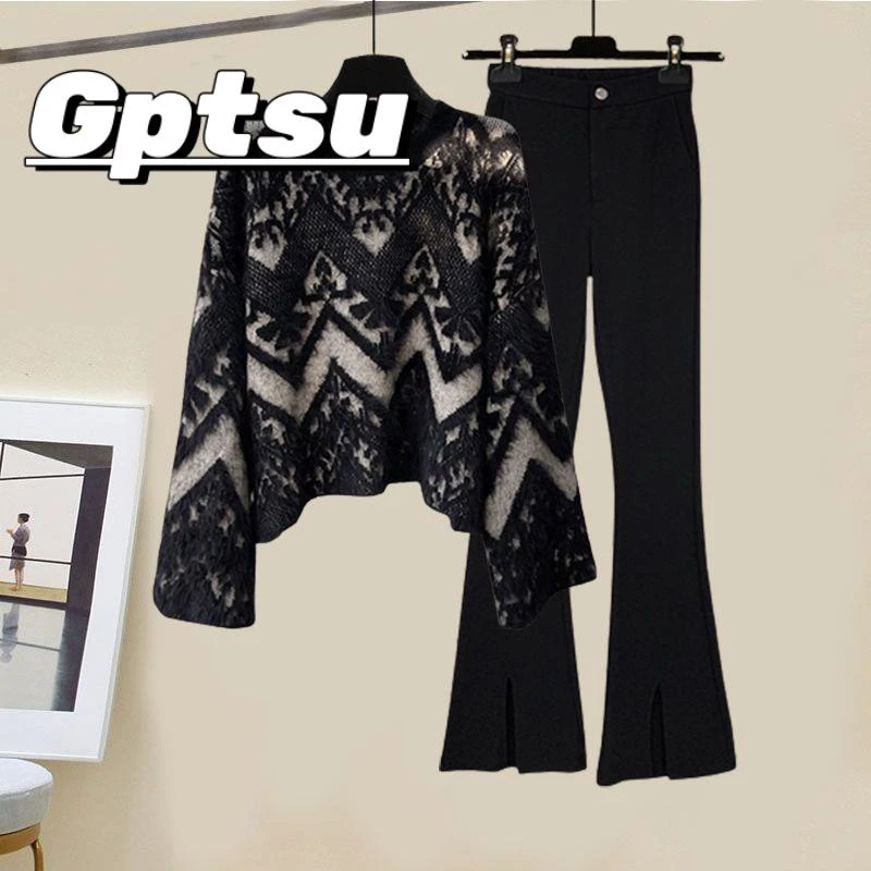 GPTSu尺码早春套装女2025新款胖mm时尚毛衣显瘦休闲裤洋派两件套