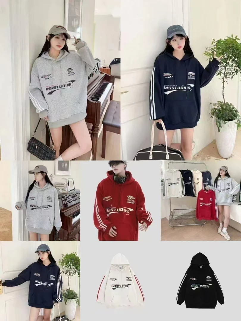 美式复古国潮牌情侣卫衣潮男高街三条杠条纹宽松连帽赛车服春秋款