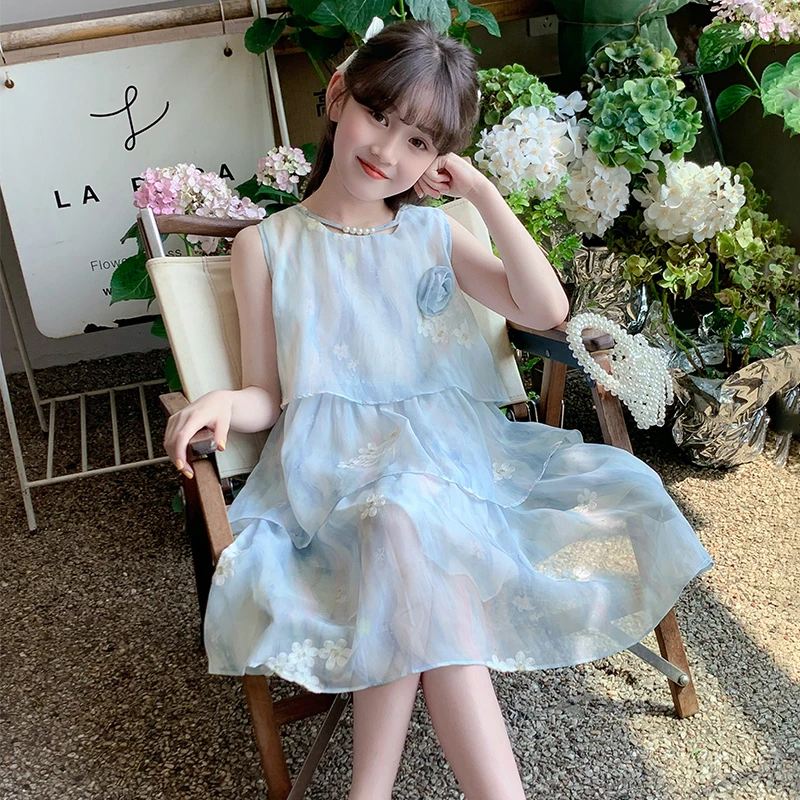 女童连衣裙2025新款儿童夏季洋气花朵无袖裙子中大童女孩夏装长裙