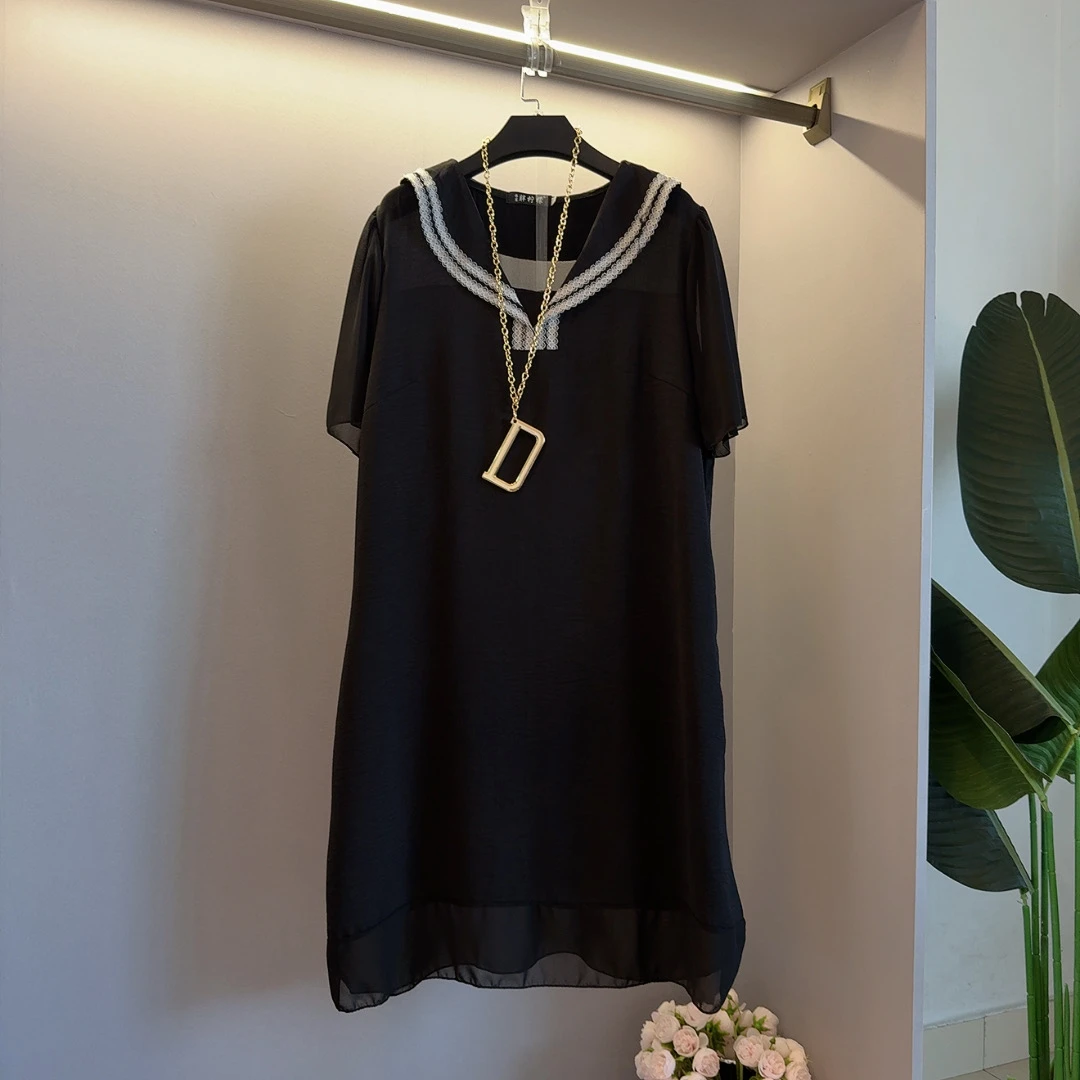 海军领宽松腰夏季宽松腰连衣裙娃娃领遮肉连衣裙