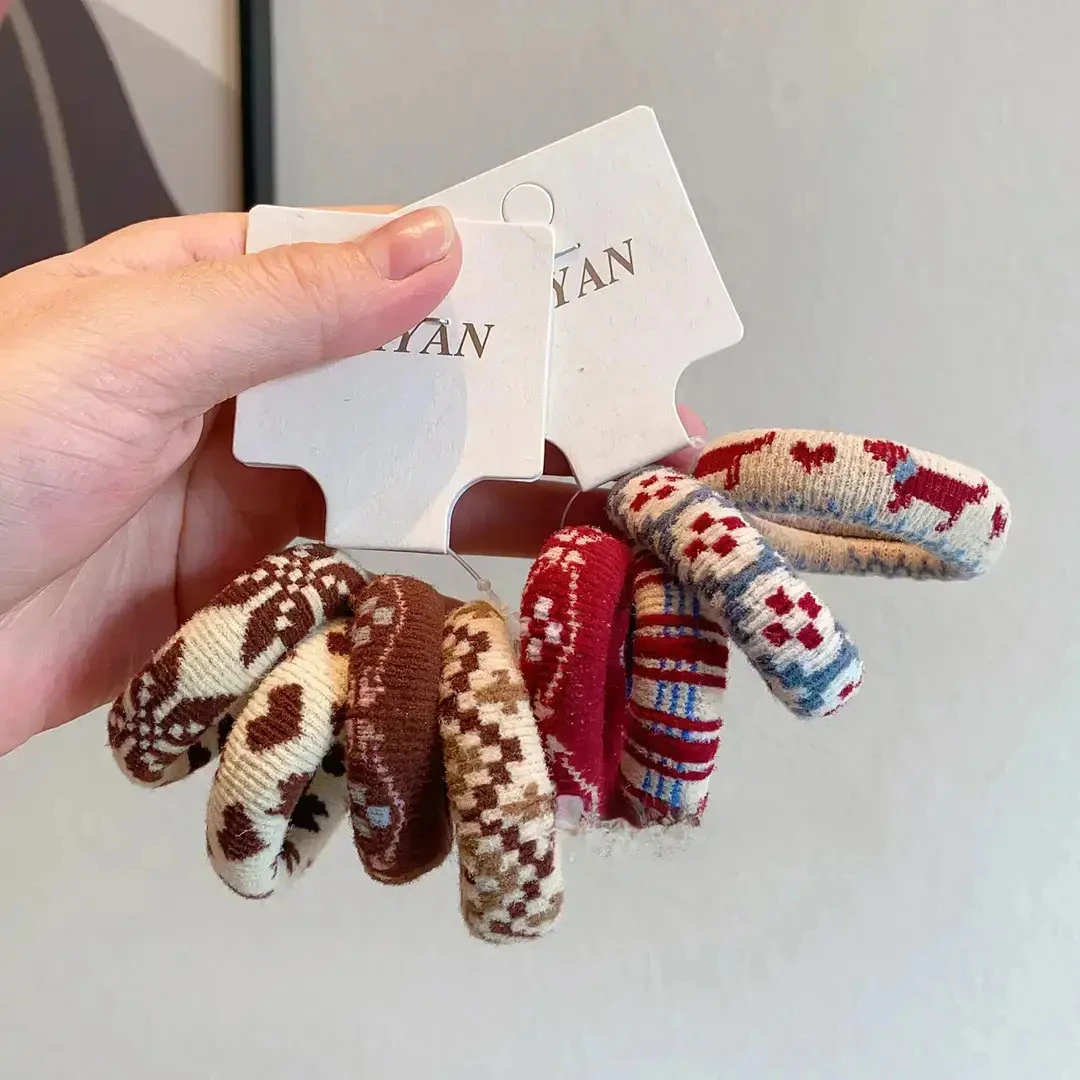 韩版儿童秋冬复古费尔岛风毛巾圈高弹扎马尾皮筋女童发圈耐用头绳