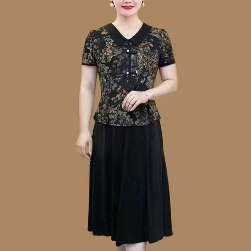 9858-夏季新款中年短袖连衣裙遮肚显洋气女士裙子女【B17-2-1]