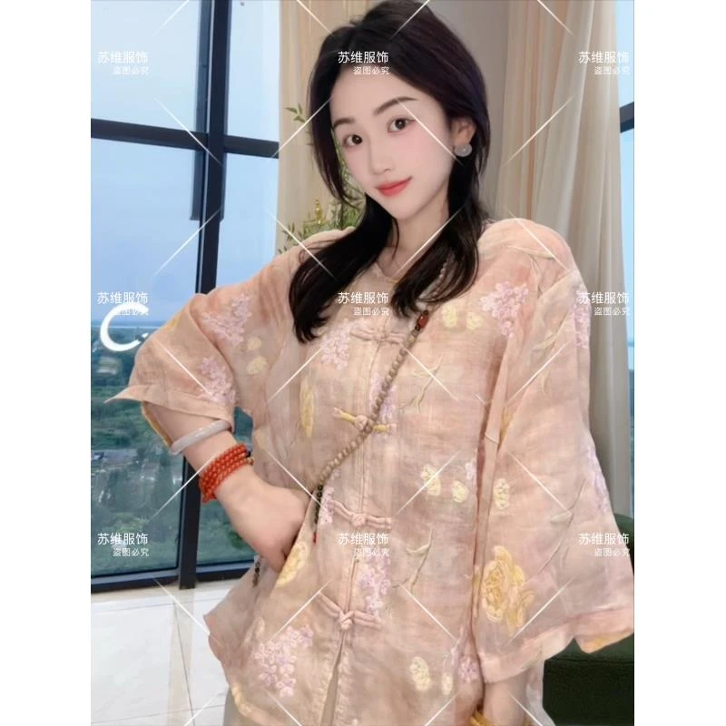 8063新中式苎麻国风夏季女装提花刺绣上衣