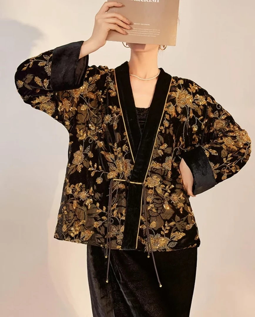 新款重工烧花绣珠开衫国风高级气质v领轻奢外套2025A395——晚迎