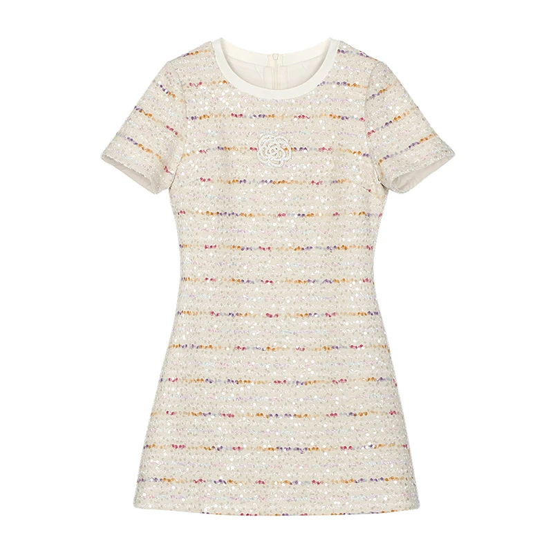 千金风轻奢彩虹亮片条纹软花呢连衣裙小香风裙子29230