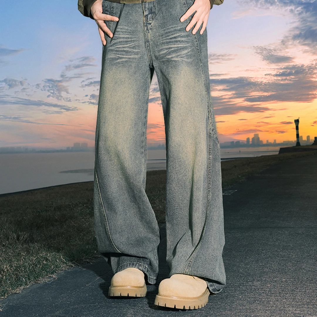 ZMOH复古水洗弯刀牛仔裤男款拼接解构设计感裤子直筒宽松阔腿长裤