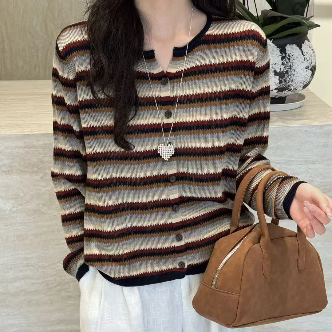 【韩衣舍】长袖女宽松条纹气质显瘦毛针织衫开衫女装