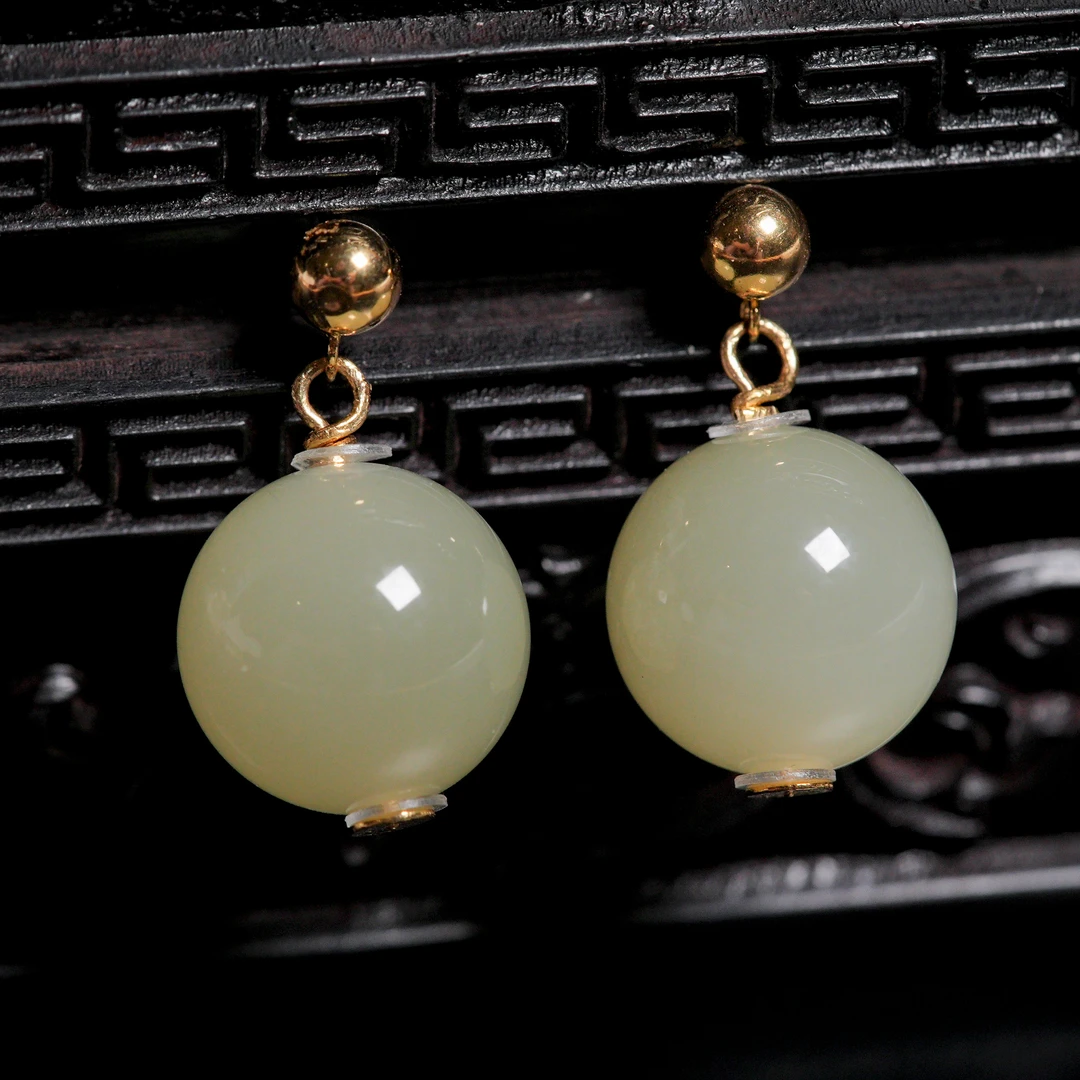 【诗蓉】宁汐·典藏级和田玉冰黄18K金耳坠AE0524珠径约12mm