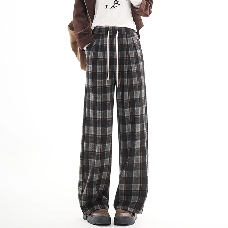 阔腿裤高腰休闲裤加绒复古长裤格子直筒裤外穿宽松显瘦百搭秋冬