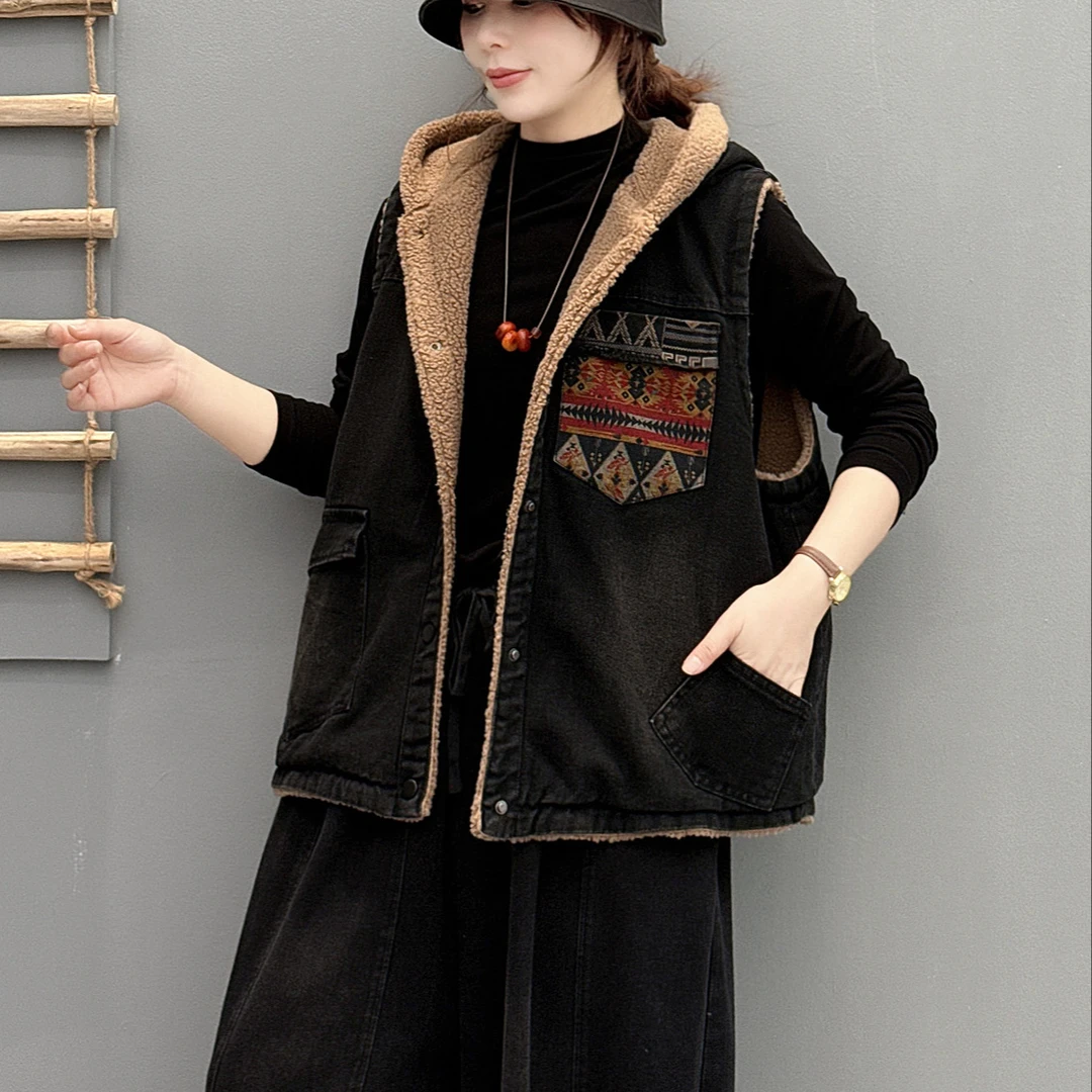 17930新款冬季加绒百搭时尚减龄连帽牛仔马甲