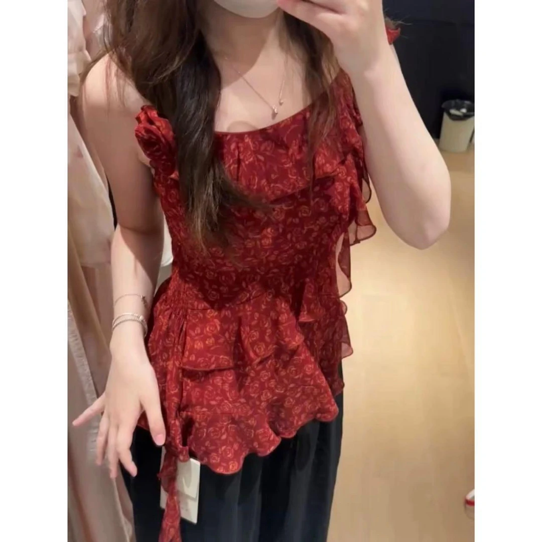 复古红色玫瑰荷叶边上衣5637