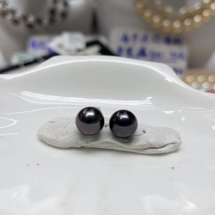 海水珍珠上新大溪地孔雀紫素钉9-10mm银S925镶嵌