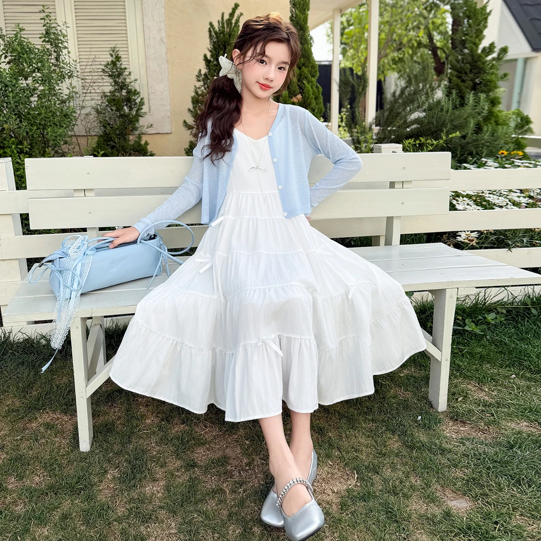 女童套装夏装2025新款儿童洋气时髦针织开衫外套甜美连衣裙两件套