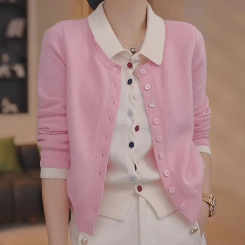 2025新款假两件开衫翻领毛衣春季慵懒风长袖上衣休闲洋气打底衫女