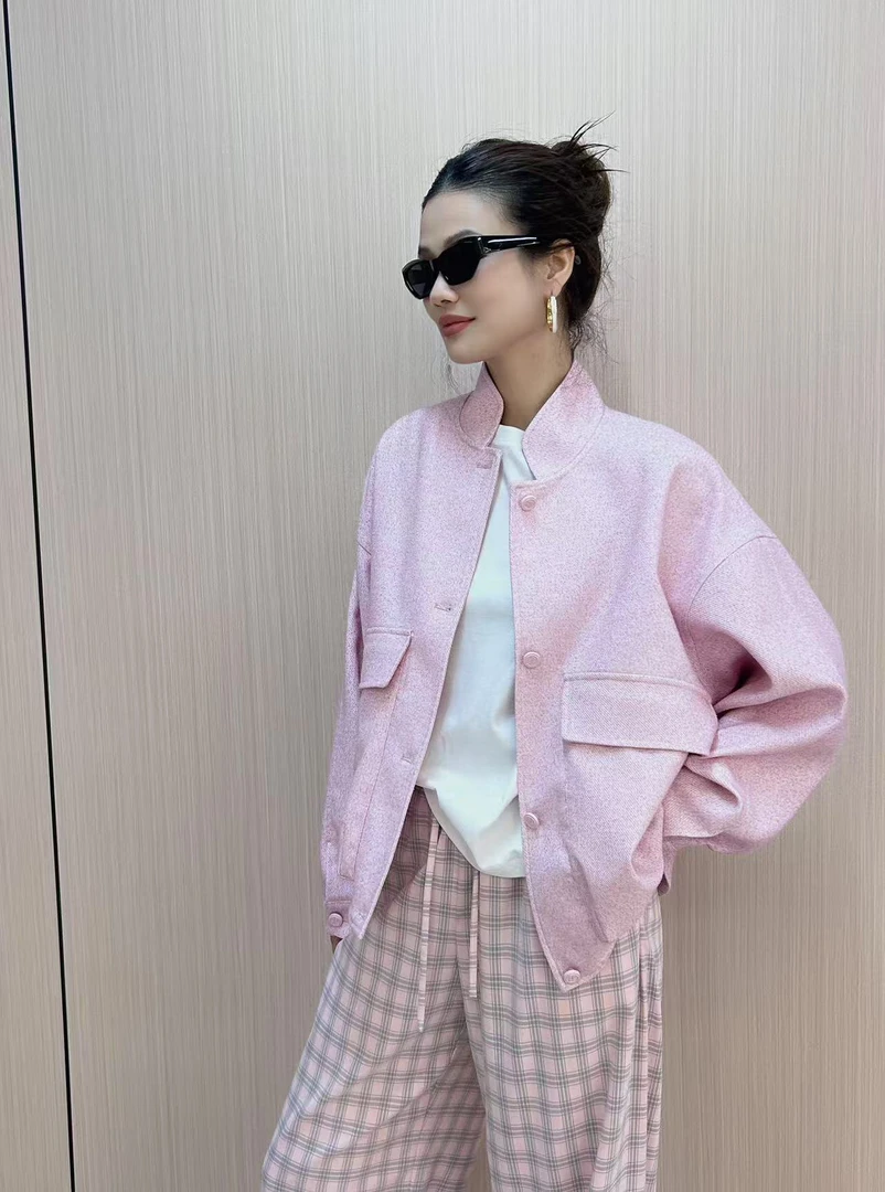 【BAI】复古小众立领单排扣宽松休闲百搭长袖短款外套女240119