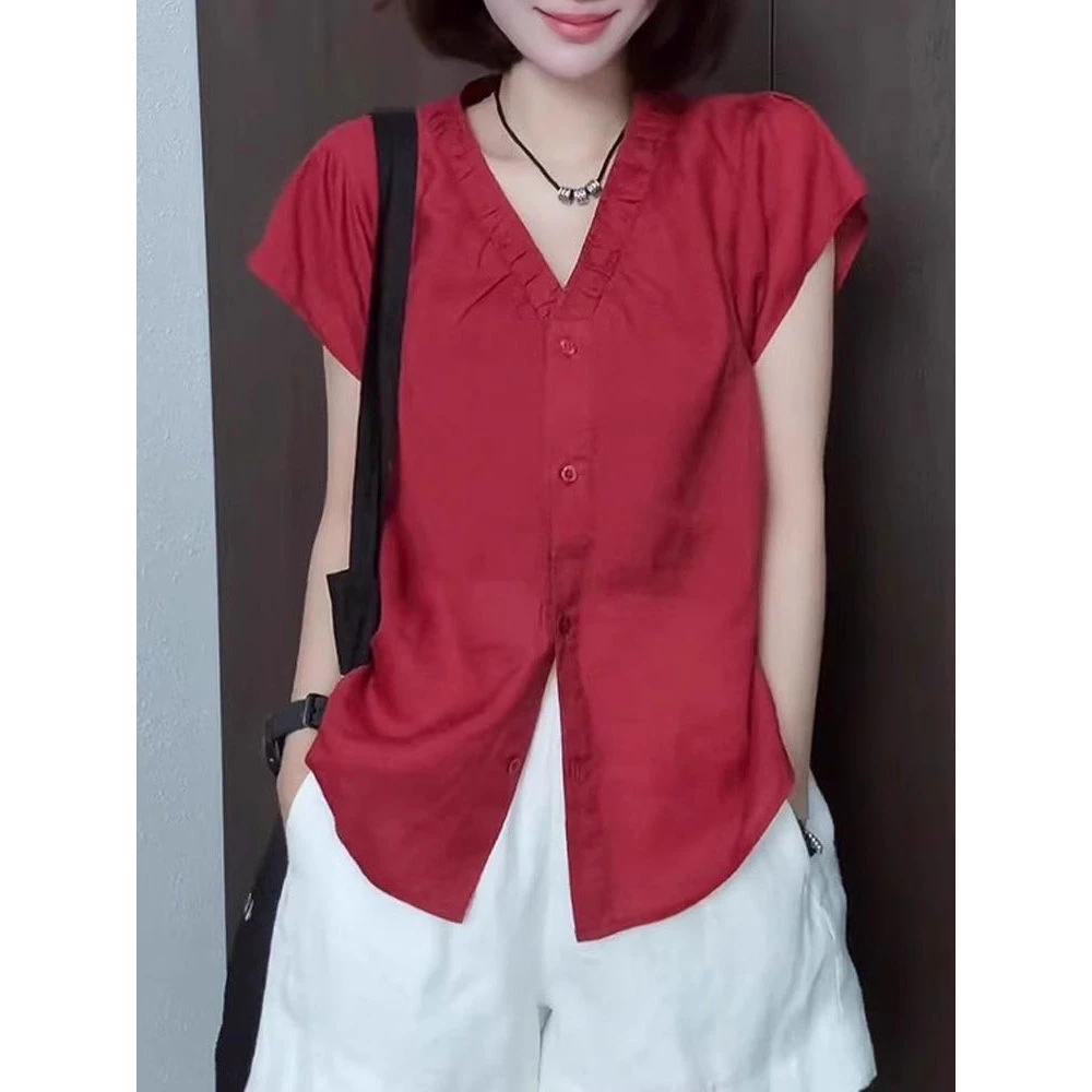 夏季V领短袖衬衫女2026新款爆款小衫超好看独特漂亮小飞袖上衣女