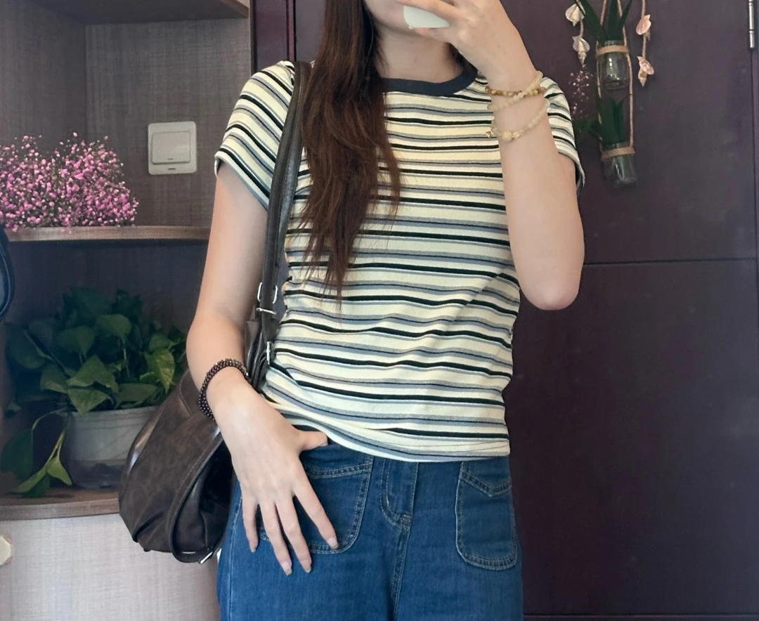 实拍图撞色条纹圆领正肩短袖t恤女2025夏季新款小众不撞款上衣