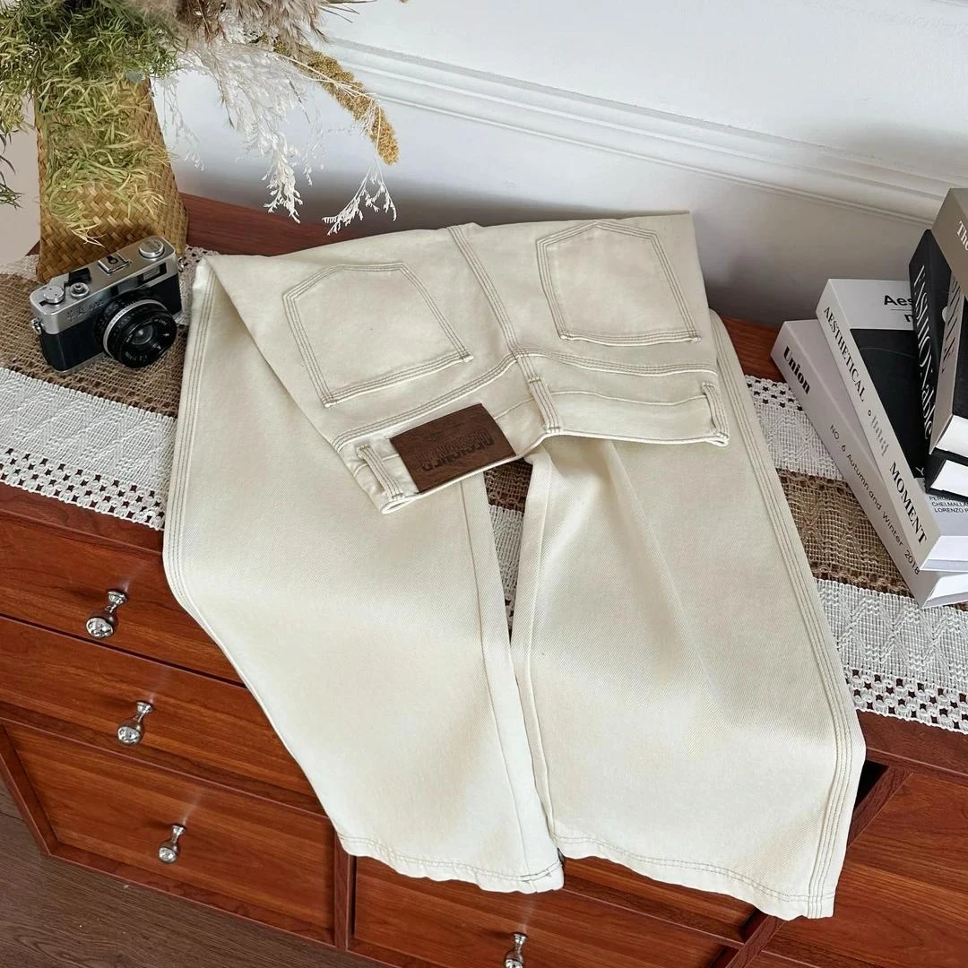 【运费险+超薄】夏季新款米杏色牛仔裤女高腰宽松显瘦阔腿裤