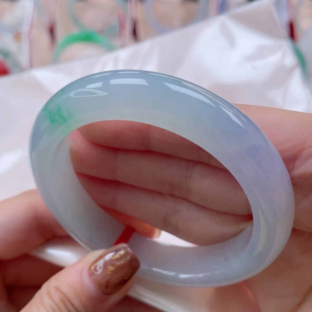 未镶嵌手镯翡翠56.4正圈 冰飘紫带翠 冰透细腻起荧光20号