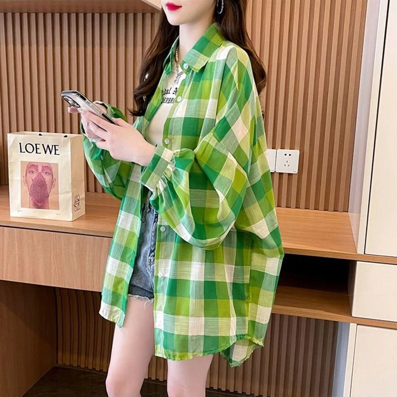 格子薄款外套防晒衣服衬衫女2025夏季新款韩版宽松大码设计感上衣
