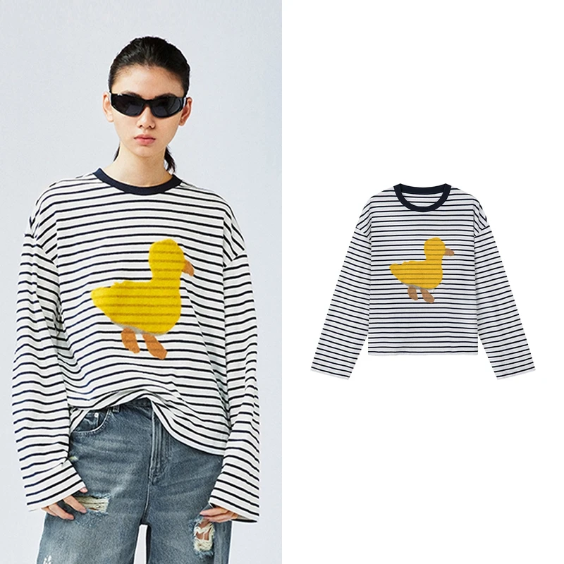 【乌】2025春季上新款可爱鸭海魂条纹T恤女装W5218