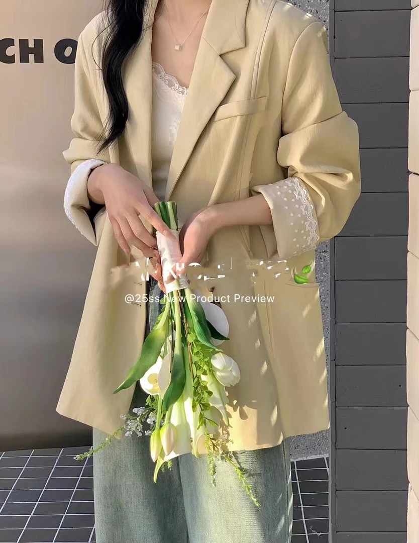 黑色蕾丝拼接PU皮衣外套女2025春季新款氛围感百搭上衣