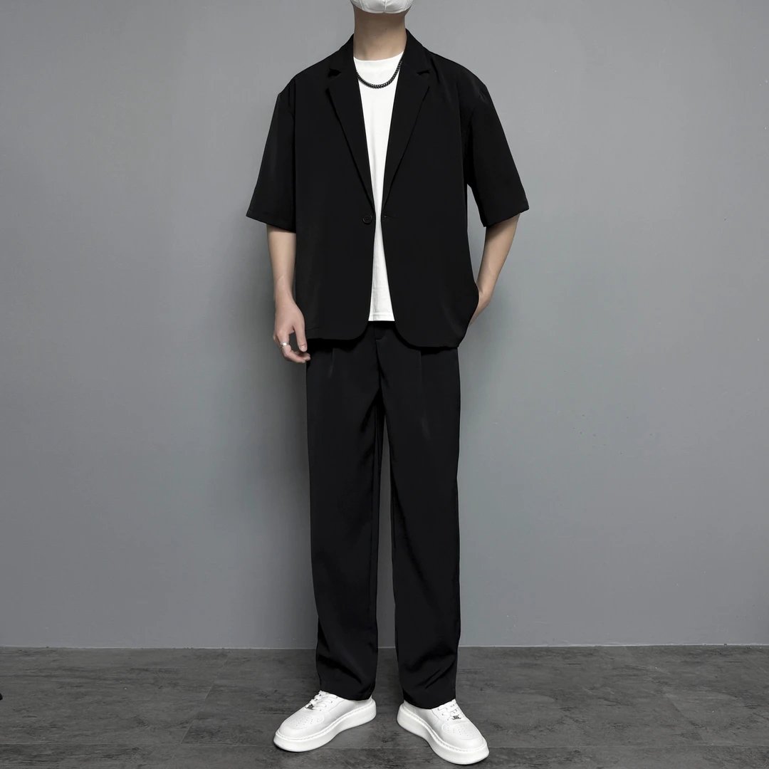 【潮男前线】薄款垂感丝滑短袖休闲小西装+卡扣直筒裤套装宽松韩版