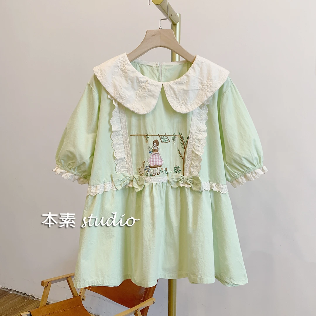 小镇姑娘C3739刺绣蝴蝶结蕾丝边娃娃领短袖衬衫