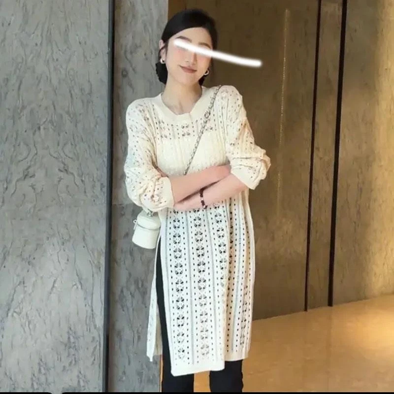 肉显瘦百搭气质镂空钩花开 叉中长版针织衫女春夏薄长袖防晒罩衫