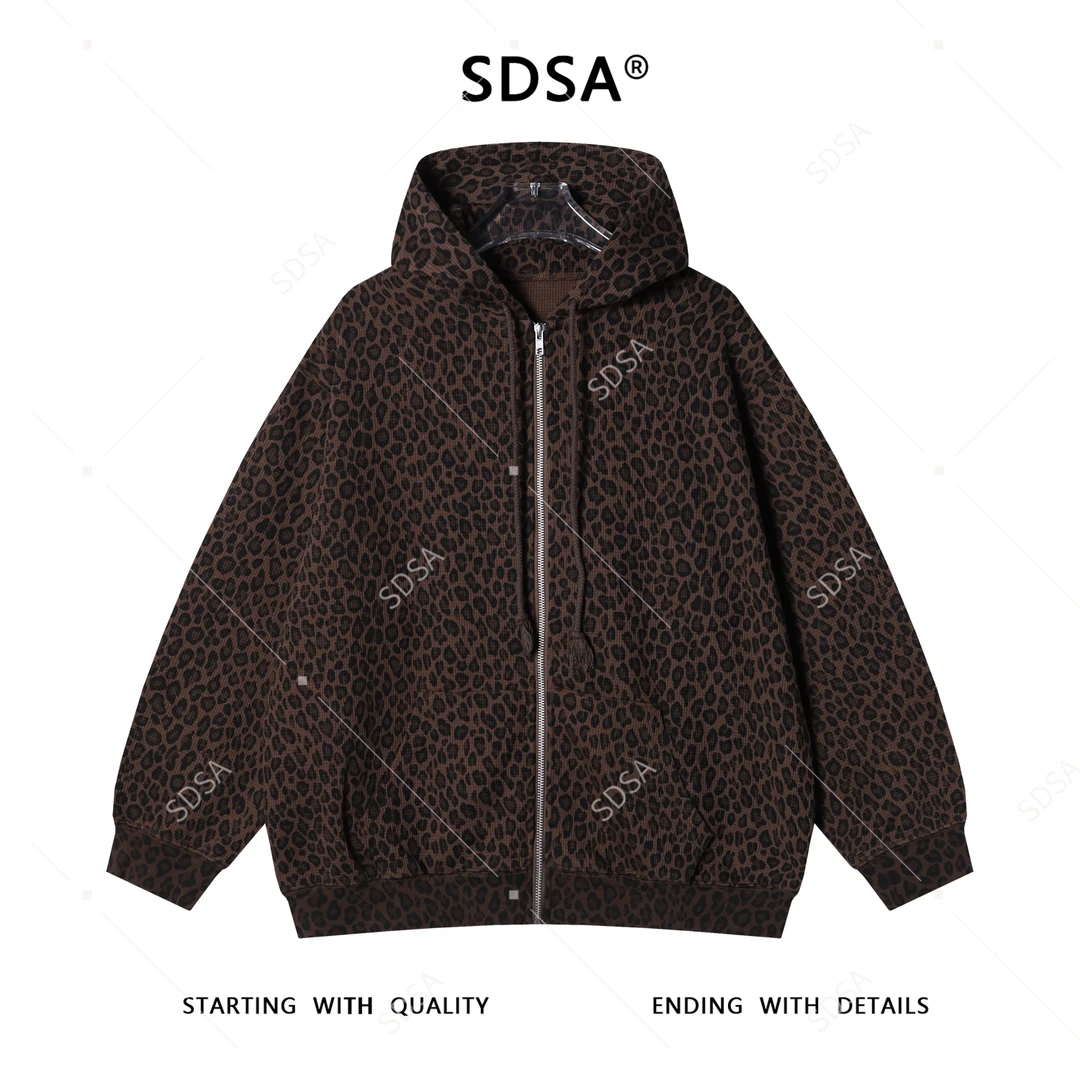 SDSA男士秋冬新款痞帅男装设计师豹纹拉链连帽卫衣网红款开衫外套