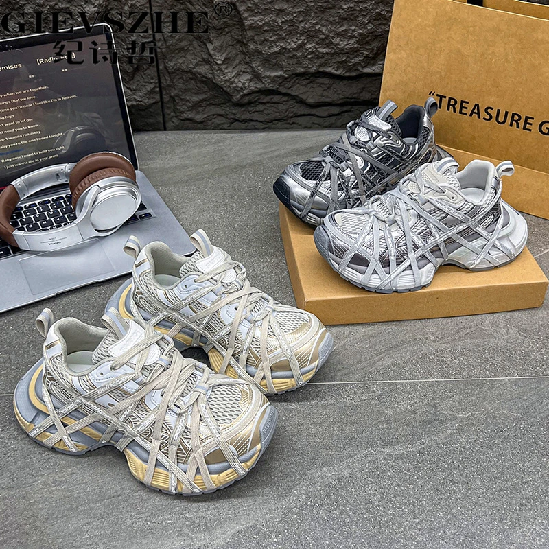 纪诗哲网面透气厚底绑带老爹鞋女2025新款百搭复古轻便休轻便厚底