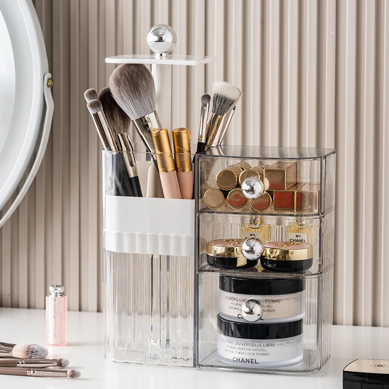 轻奢化妆刷收纳盒新款护肤品桌上梳妆台桌面液压收纳化妆品学生