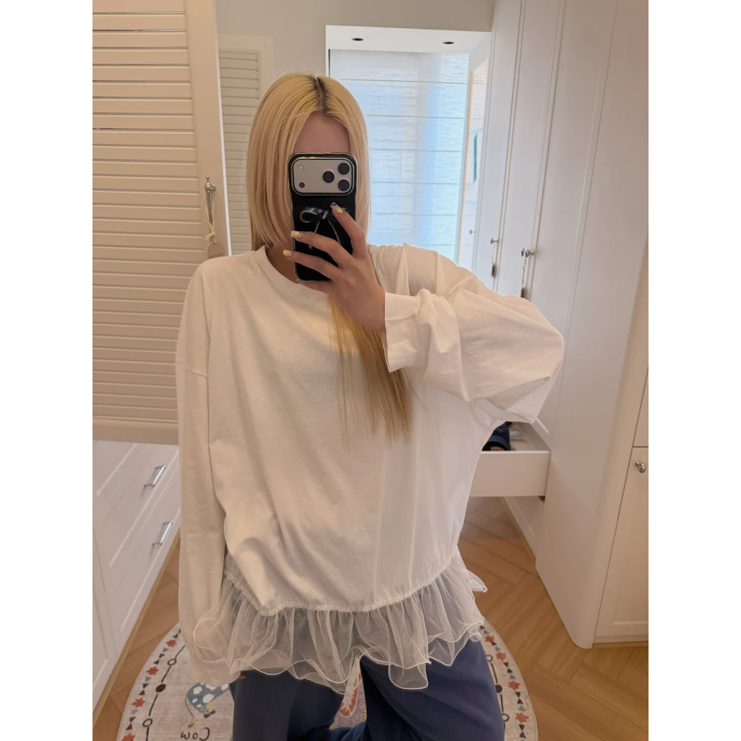 HELLOTANGO《风之物语》春夏韩系荷叶蕾丝边拼接休闲长袖65947#