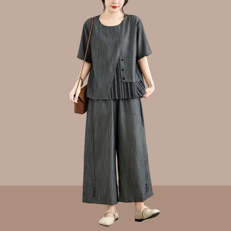 2025夏时尚新款文艺休闲套装短袖条纹拼接T恤松紧腰阔腿裤两件套